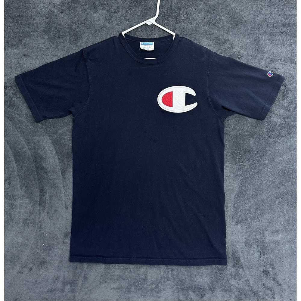 Vintage Champion Tee Embroidered Big C Logo Men's T shirt Size Large Blue